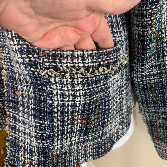 Hayden Size M Tweed Cropped Blazer Jacket Black White Fringe Trim Preppy Career - Picture 5 of 9